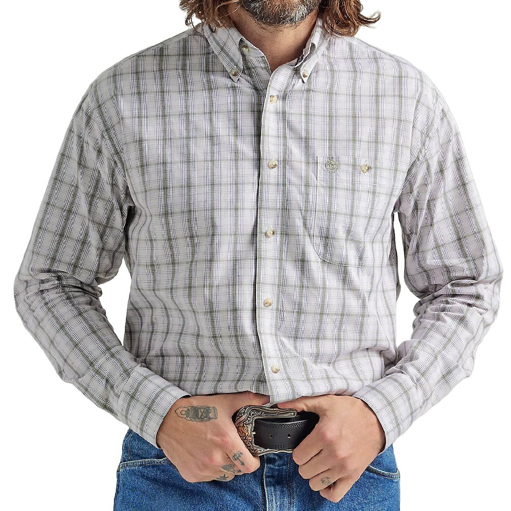Wrangler Men's George Strait Plaid Shirt - White/Olive MEN - Clothing - Shirts - Long Sleeve Shirts Wrangler   