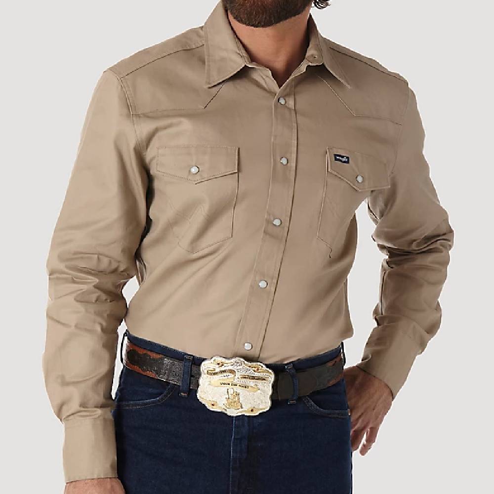Wrangler Solid Khaki Snap Work Shirt MEN - Clothing - Shirts - Long Sleeve Shirts WRANGLER   