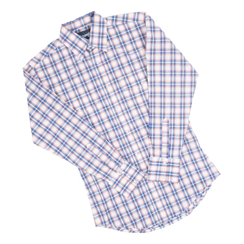 Wrangler Men's Pearl Snap Plaid Shirt - Blue/Orange MEN - Clothing - Shirts - Long Sleeve Shirts WRANGLER   